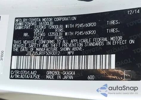 2015 Toyota 4Runner Limited from USA, damaged, VIN JTEZU5JR1F5093012